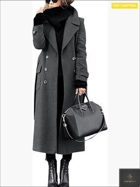 Wool Blend Pea Coat Double Breasted Classic Elegant Winter Overcoat Ankle Length